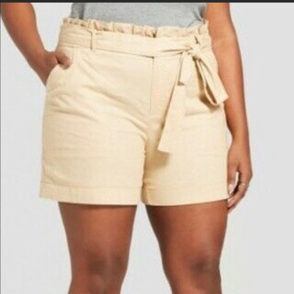 Ava &Viv kaki linen high rise ruffle cuffed shorts